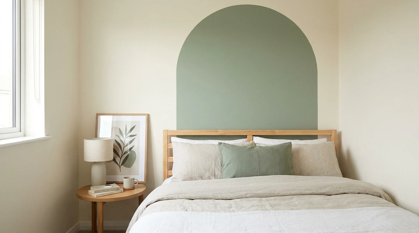 how to decorate a small bedroom with a color-blocked headboard wall, simple bedding, and accents