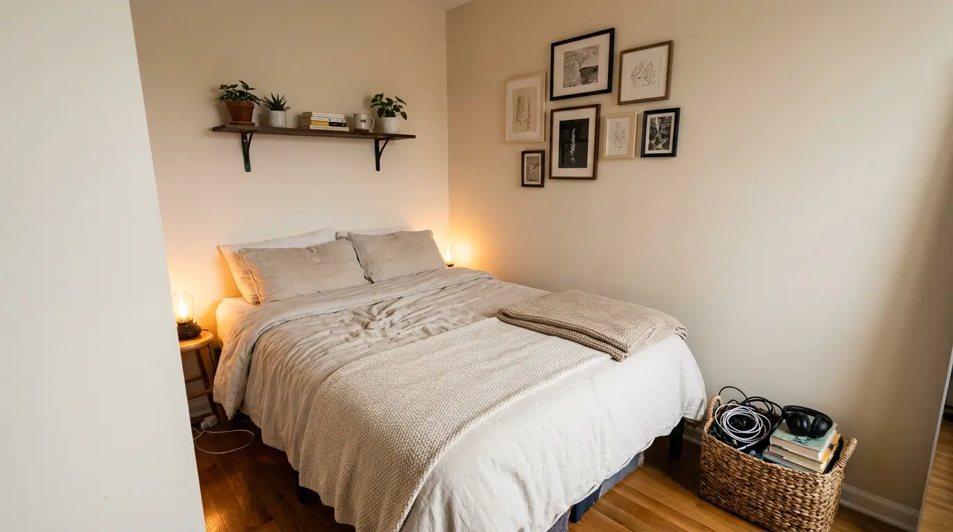 how to decorate a small bedroom with a corner bed, shelf, art wall, and handy basket for daily items