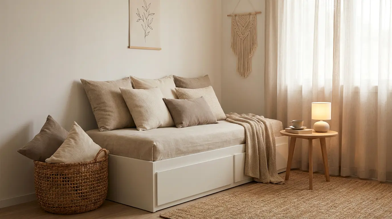 how to decorate a small bedroom with a daybed lounge setup, pillow basket, side table, and lamp