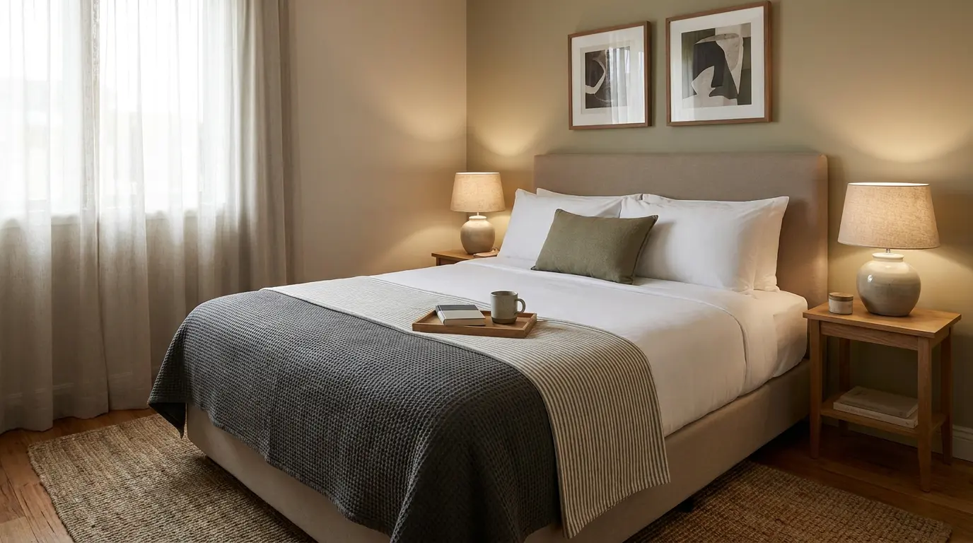 how to decorate a small bedroom with hotel style bedding, soft lamps, simple art, and a tidy tray