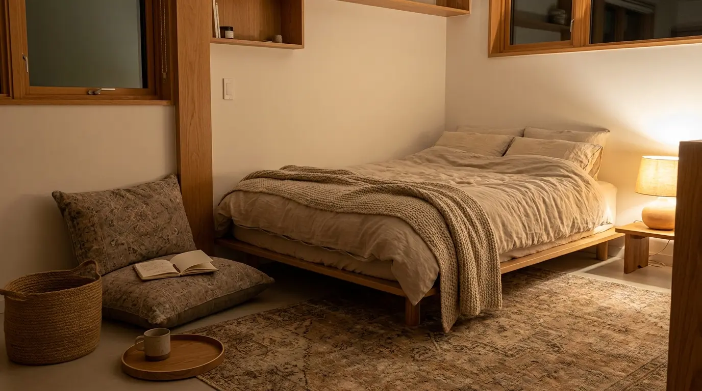 how to decorate a small bedroom with a low platform bed, floor seating, soft rug, and warm lamp