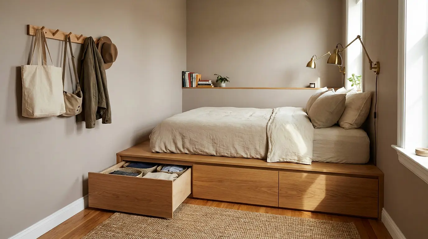 how to decorate a small bedroom with a raised platform bed, built-in drawers, hooks, and wall lights