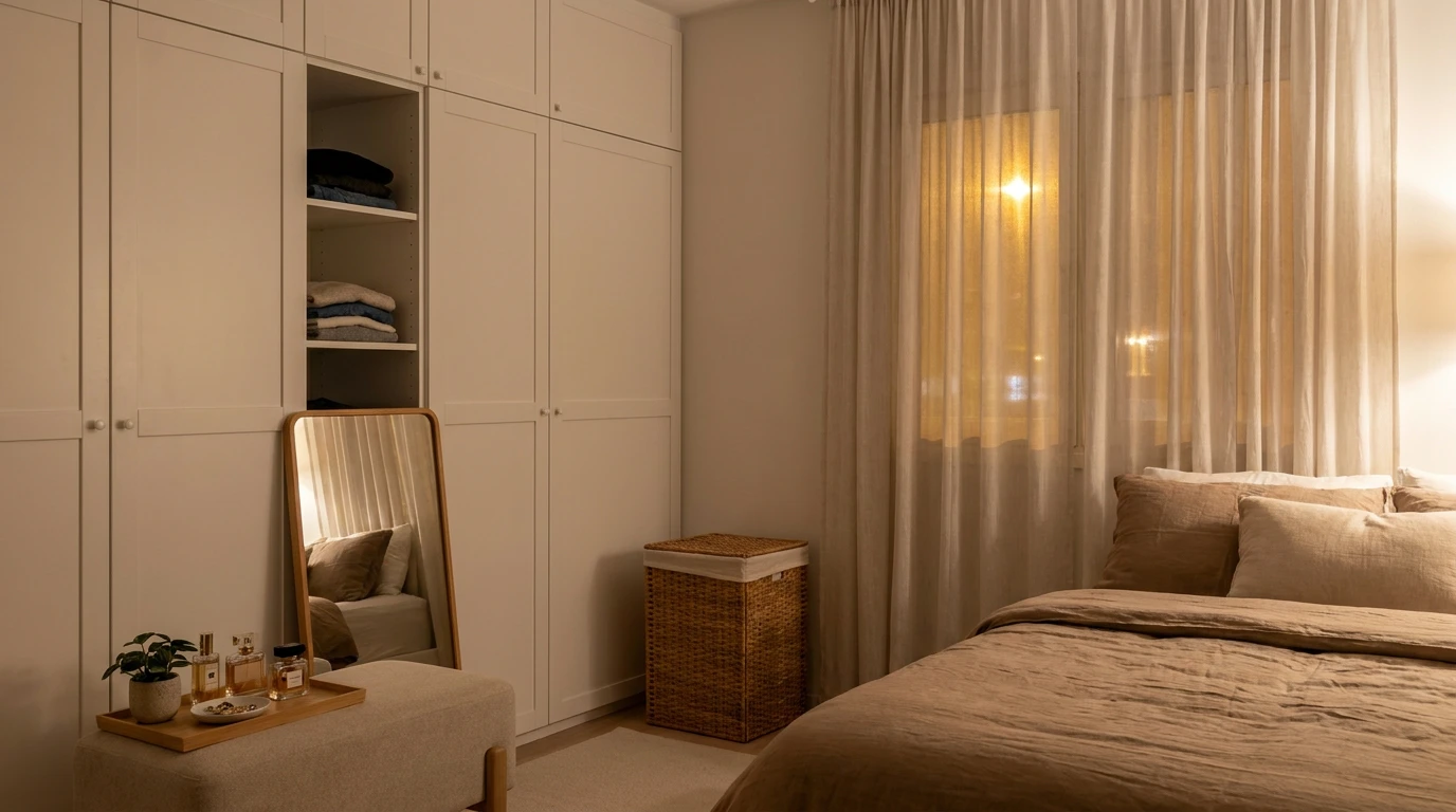 how to decorate a small bedroom with a wardrobe wall, pretty dressing corner, mirror, and laundry basket