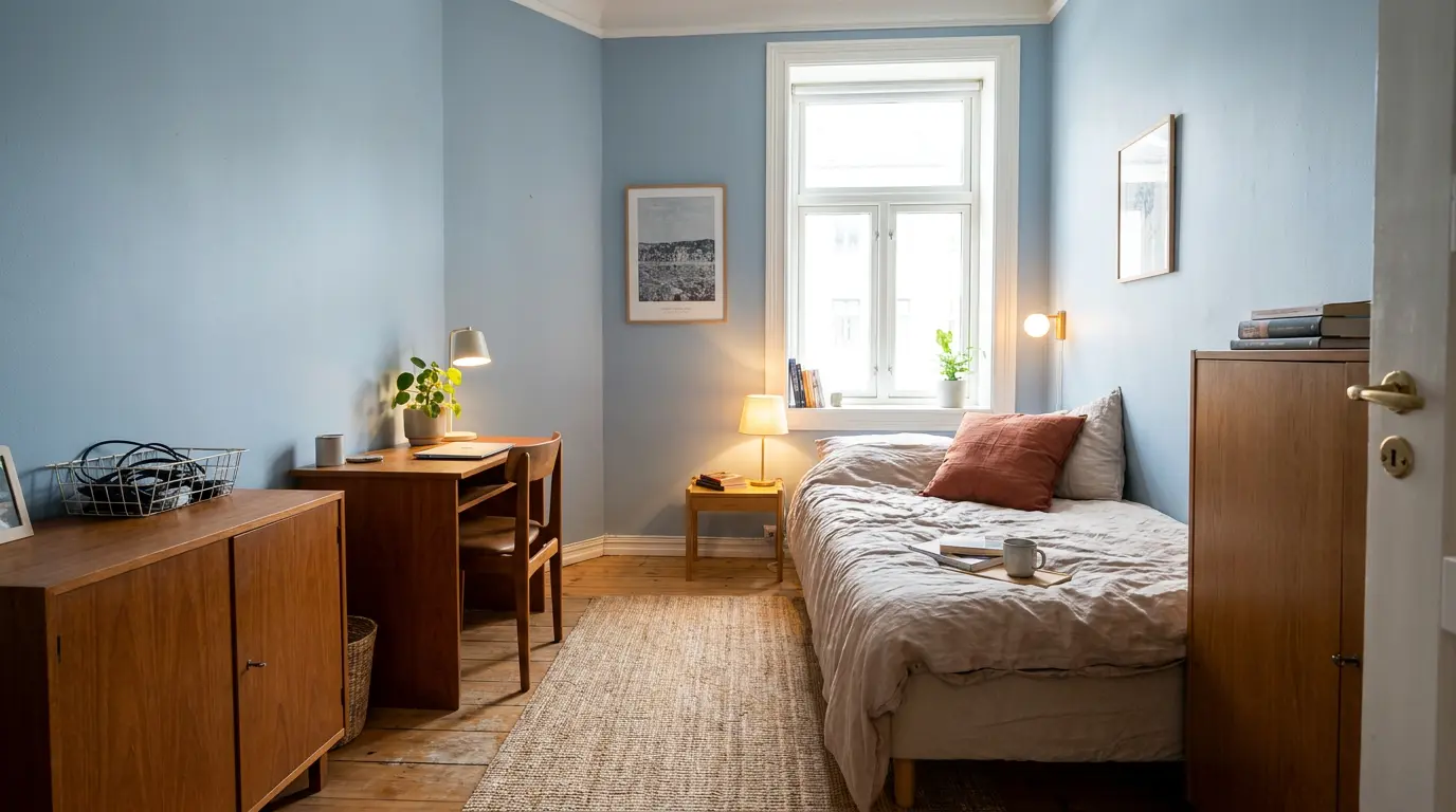 how to decorate a small bedroom with a window desk wall, slim bed, warm wood, and smart storage