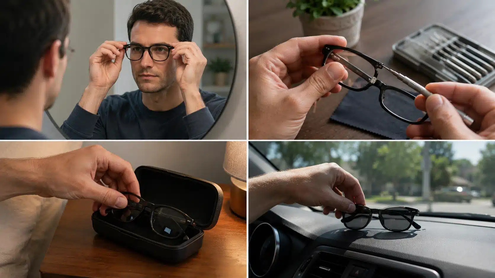 our panels show proper glasses removal, screw checks, case storage, and avoiding dashboard heat damage