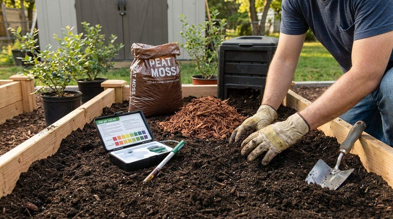 gardener preparing acidic soil with pH test kit peat moss and pine bark for blueberry planting