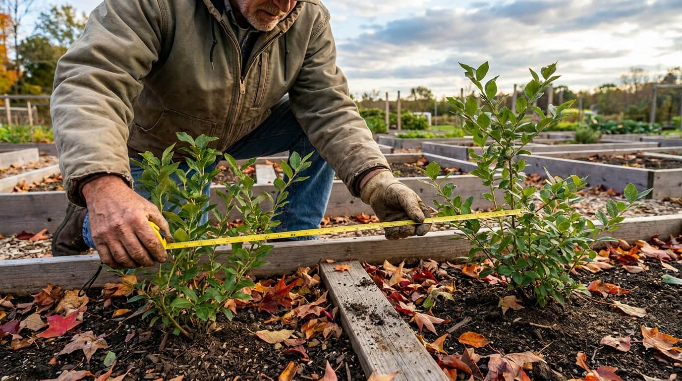 gardener measuring proper spacing between blueberry bushes during planting