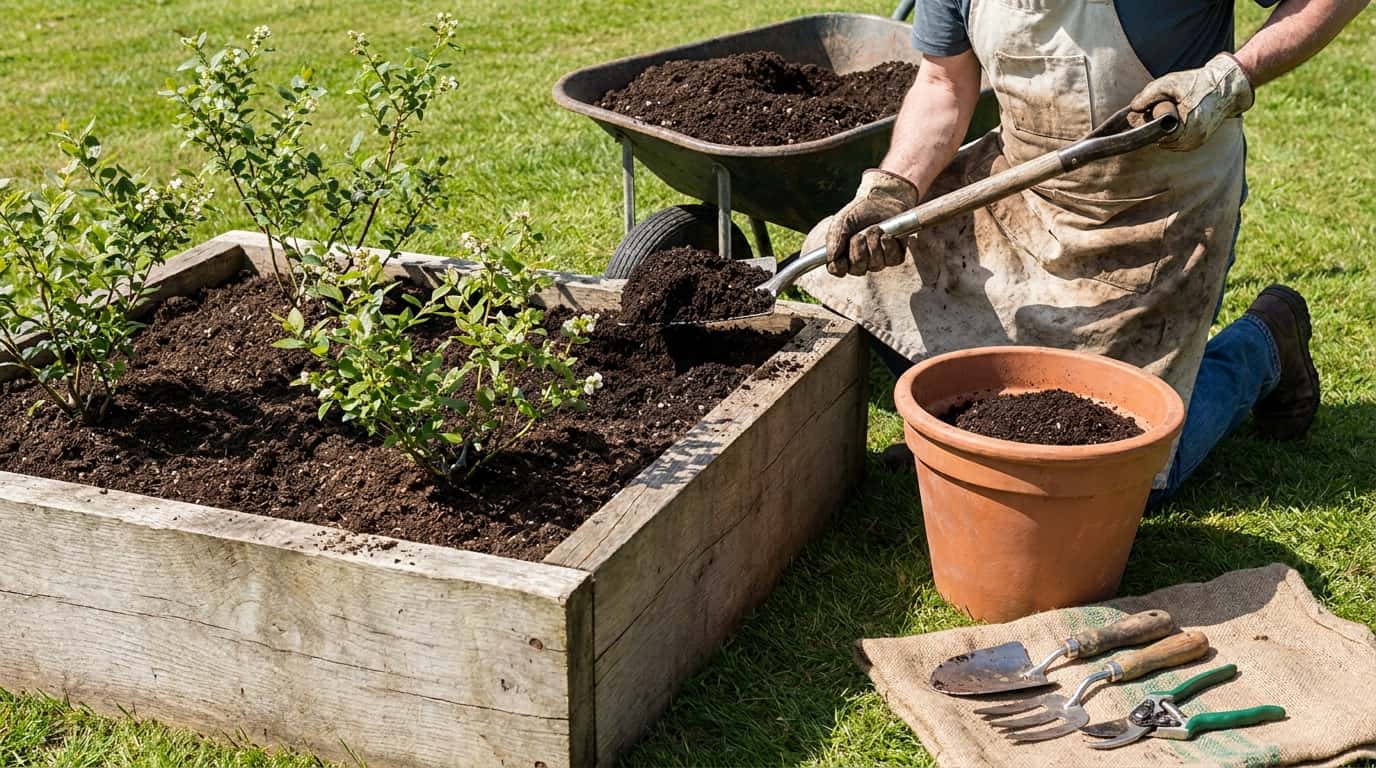 gardener planting blueberry bushes in raised beds and large containers with tools
