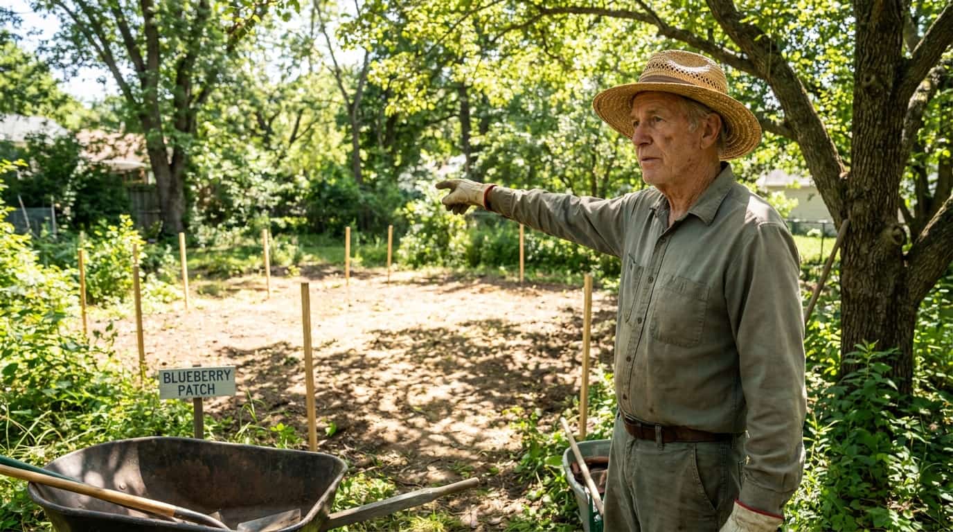 gardener selecting a sunny protected location for planting blueberry bushes