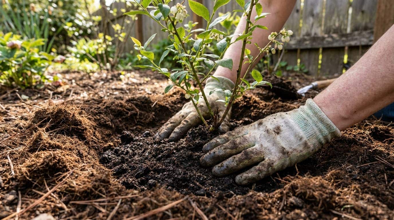 gardener adjusting a blueberry plant already placed in soil and firming the rootball gently