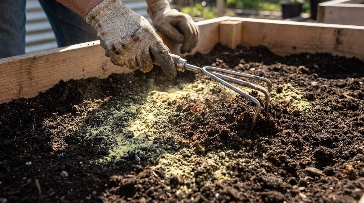 gardener improving soil acidity before planting blueberry bushes in the garden