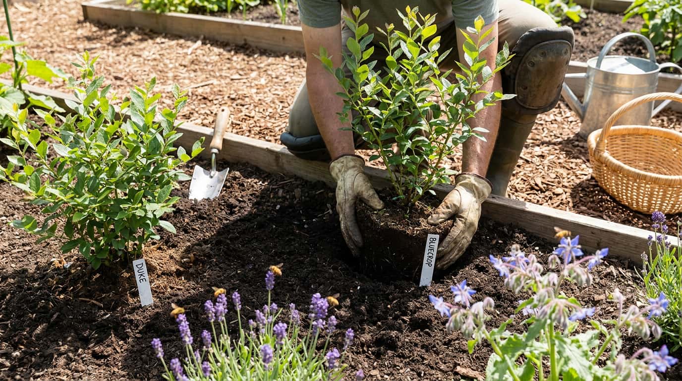 gardener planting bluecrop and duke blueberry varieties together for better pollination and fruit production