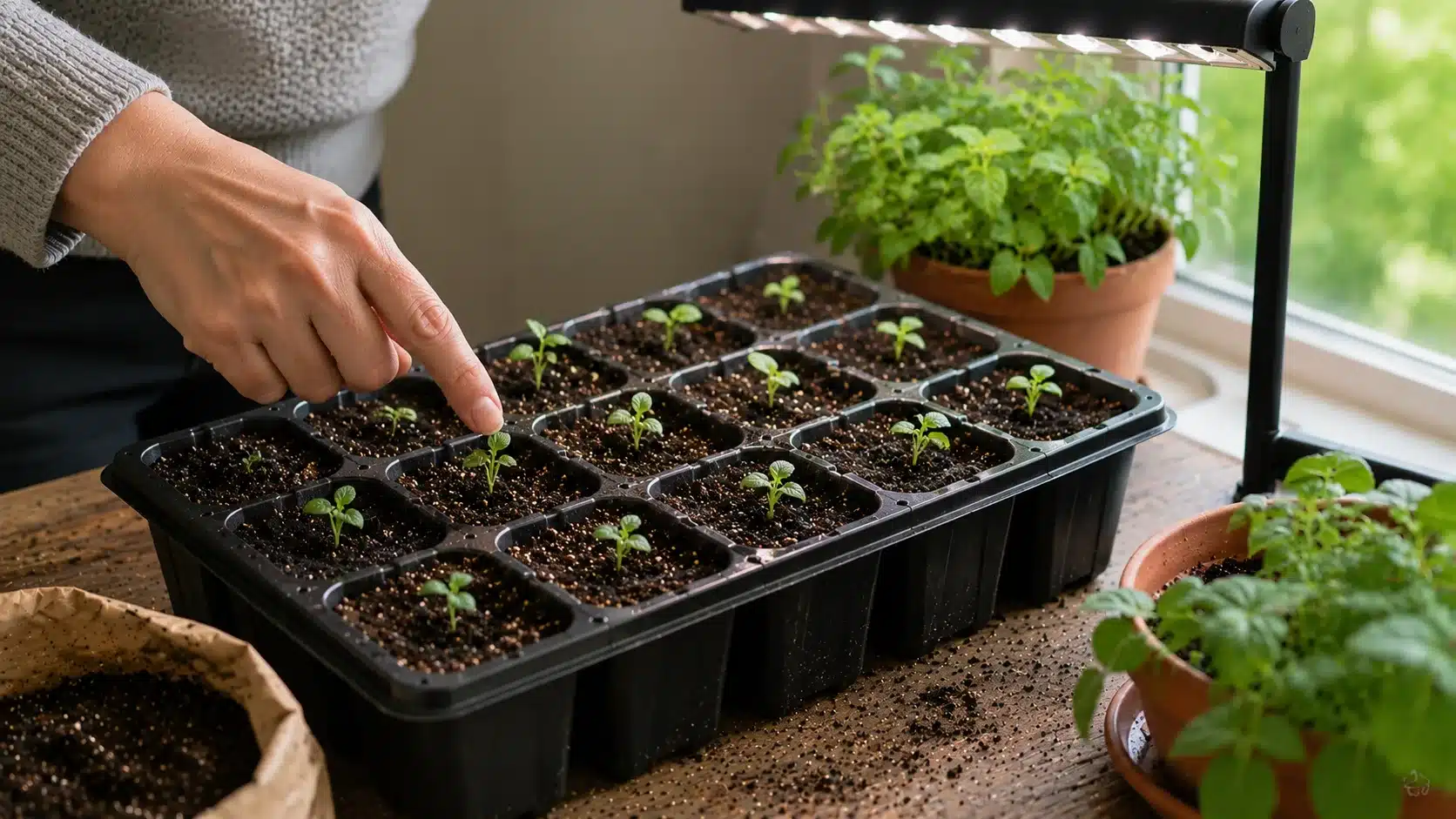 tiny green catnip sprouts grow in a seed tray near a bright window