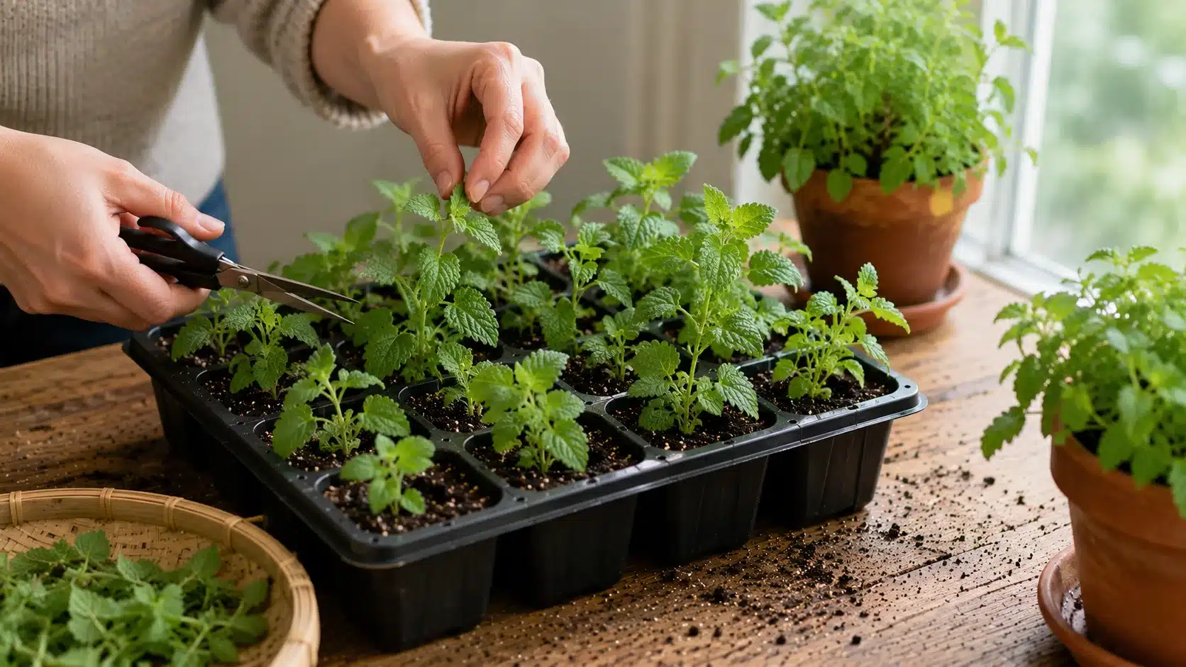 hands trim healthy catnip plants in a seed tray beside a bright indoor window