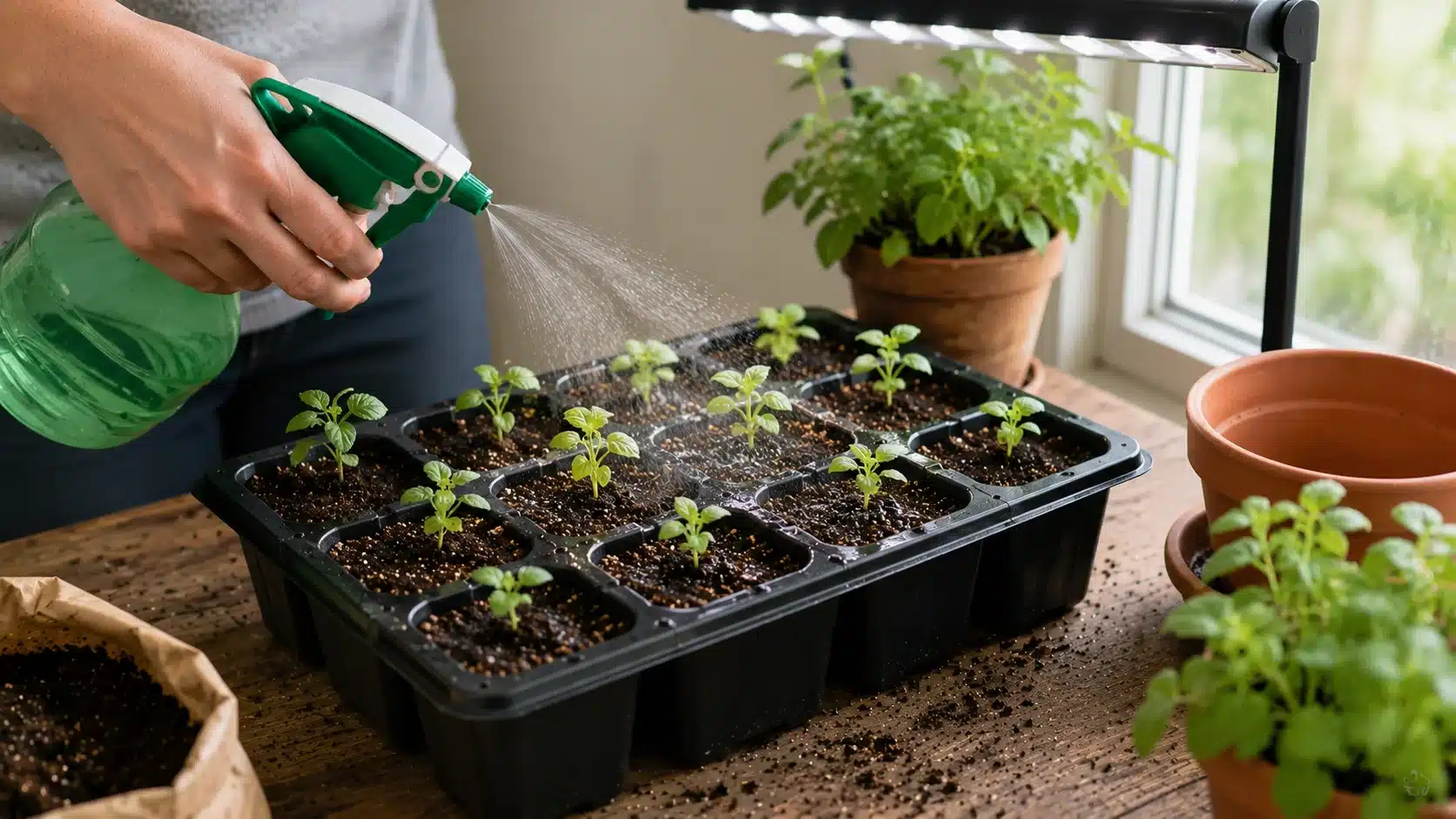 a person lightly waters young seedlings in a tray beside a sunny window and grow light
