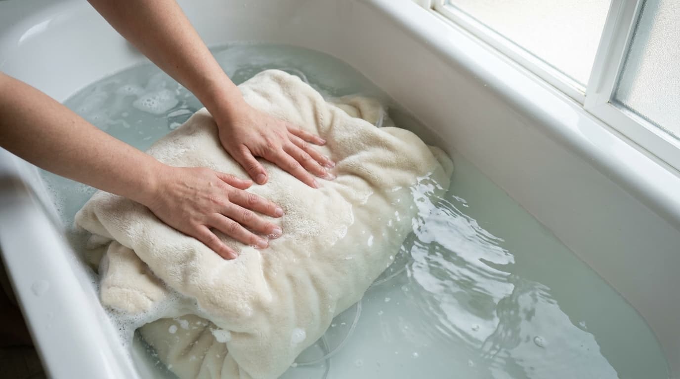 hands gently pressing a heated blanket into cool soapy water to loosen dirt and odor