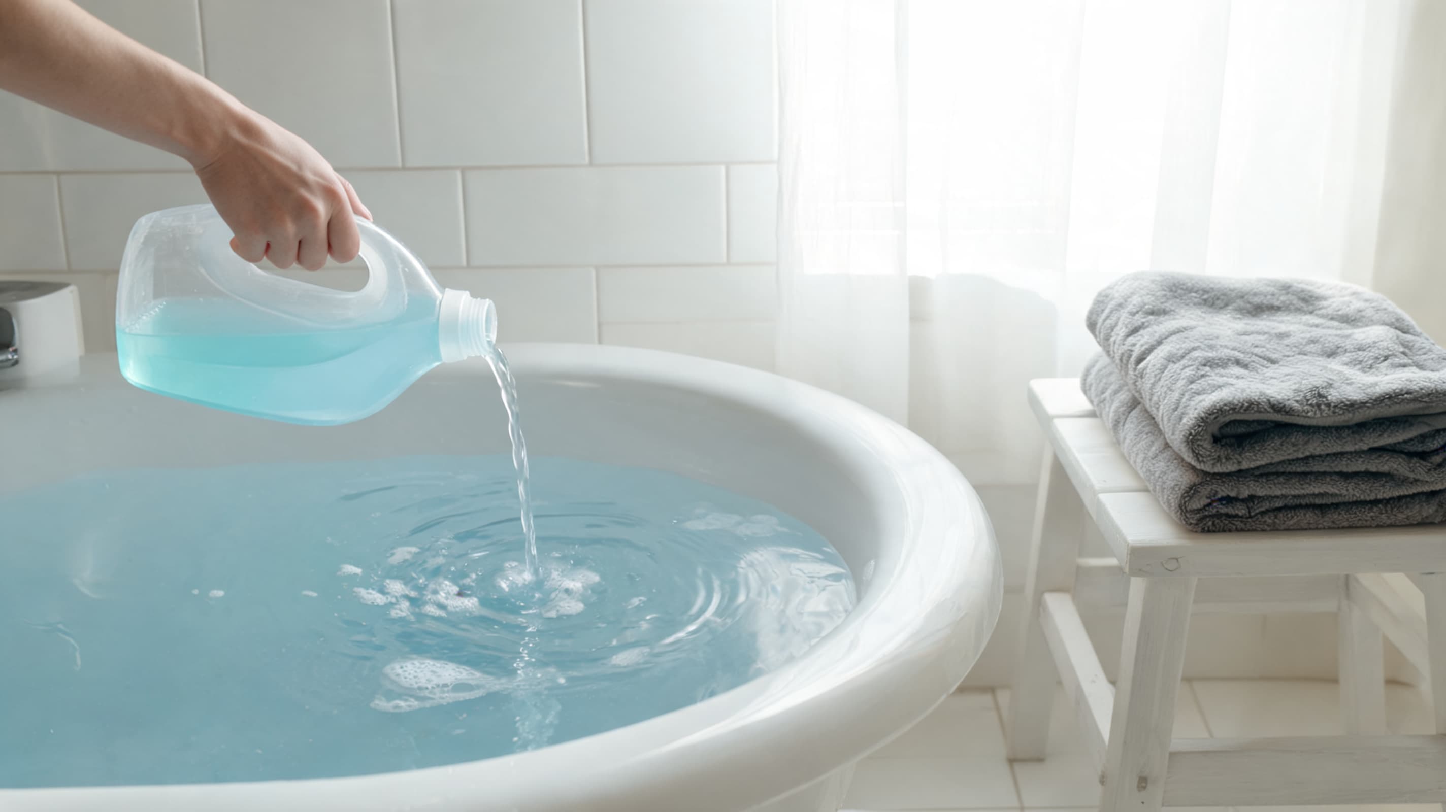 person pouring mild detergent into cool bathtub water before hand washing a heated blanket