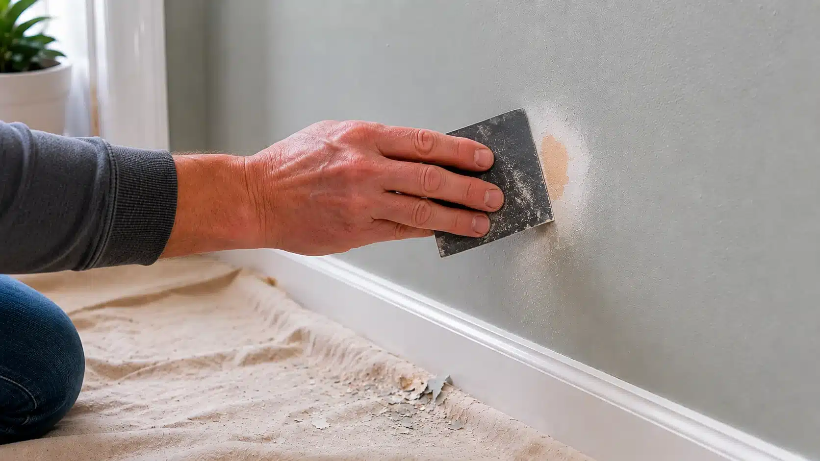 hand sands the damaged wall area smooth, blending bare patch edges into painted surface