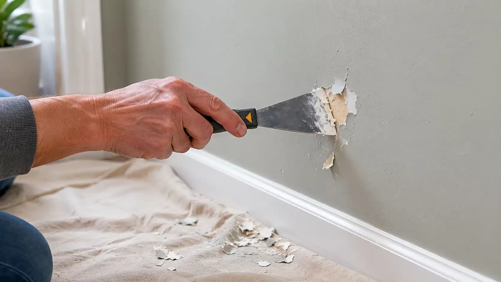 angled scraper lifts loose paint chips from a damaged wall before smoothing and patching begins