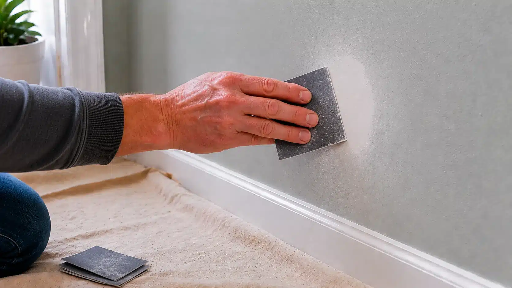hand sands the dried wall patch smooth, making the surface flat before priming begins