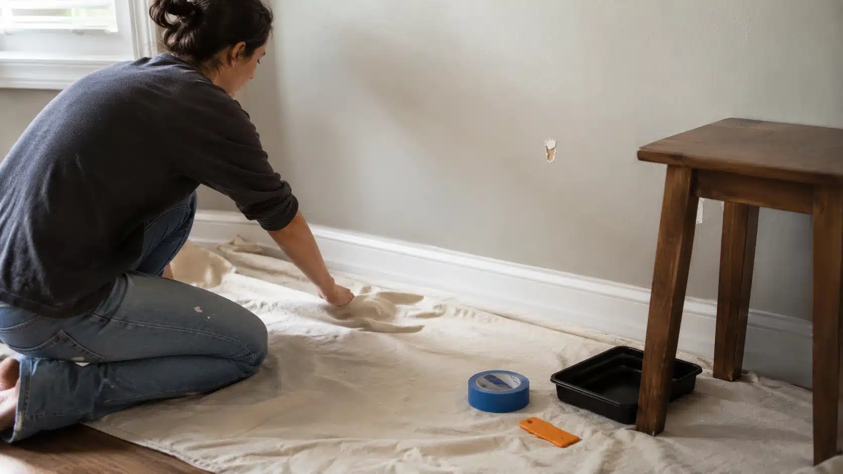 person lays a drop cloth before fixing a small paint chip on an interior wall