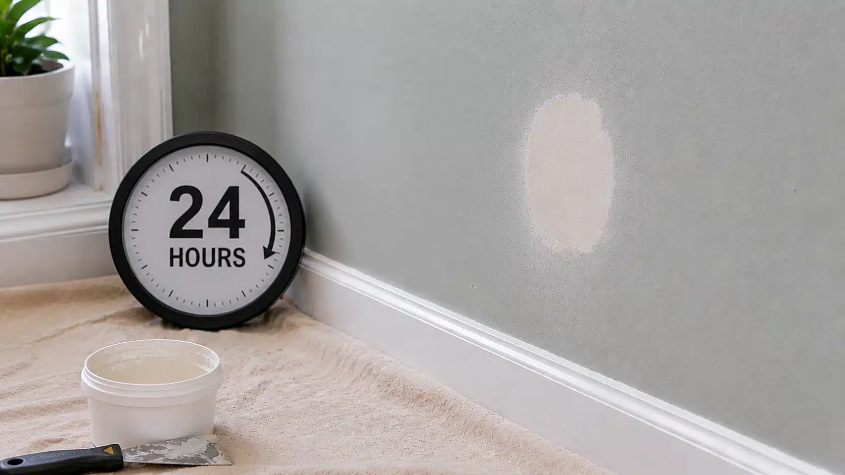 patched wall area is left to dry beside repair tools and a simple waiting clock