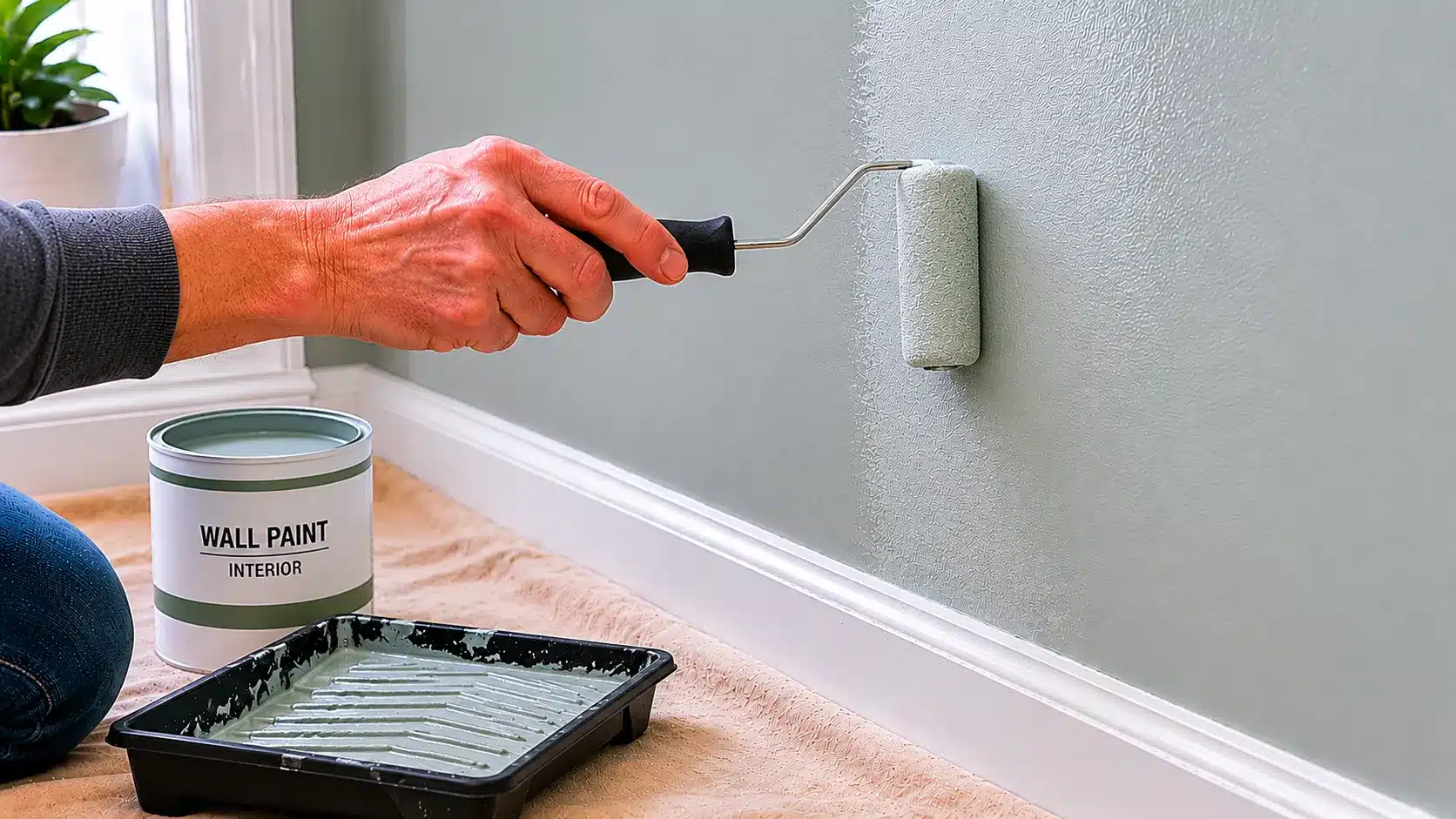 small roller applies matching paint over the primed patch for a smooth finished wall