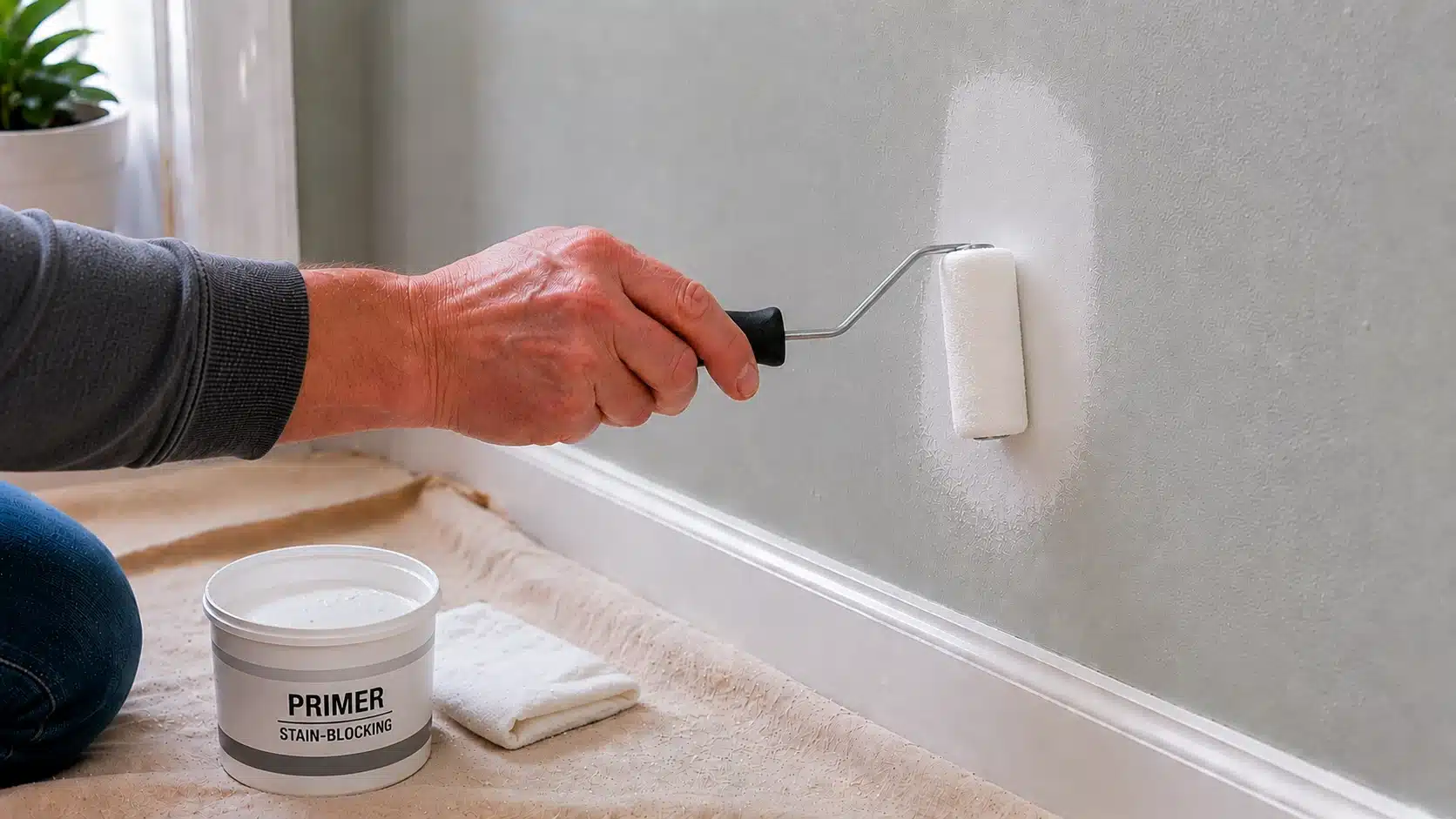 small roller applies primer over a smooth wall patch before the final paint coat