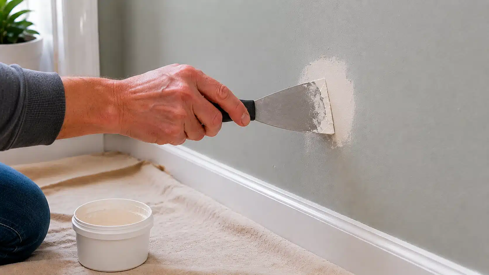 hand spreads thin spackle over the sanded wall patch using a putty knife