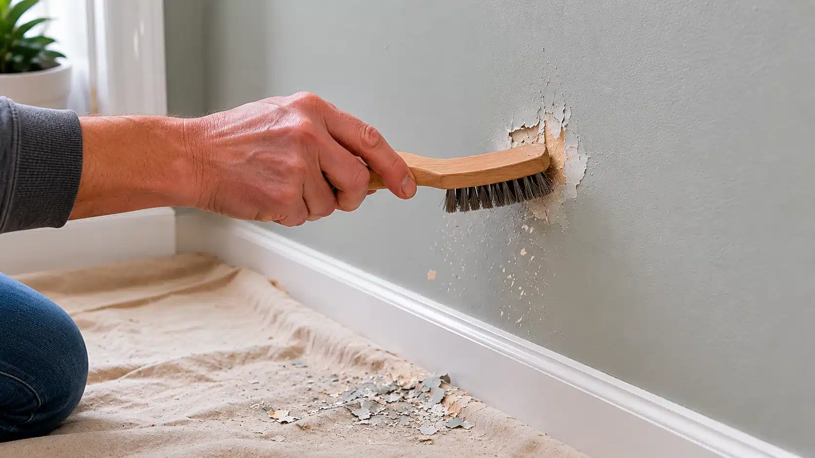 hand uses a wire brush to clear small loose paint fragments from the damaged wall