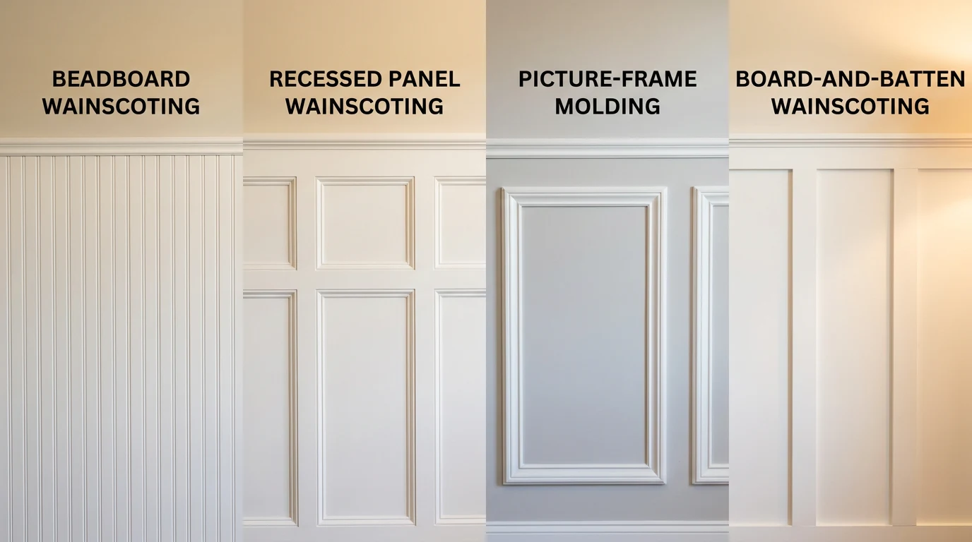 vertical illustration of four wainscoting types labeled beadboard. recessed panel. picture-frame. board-and-batten