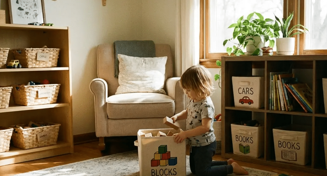 playroom storage ideas with picture labels on toy bins to help kids clean up without guessing each time