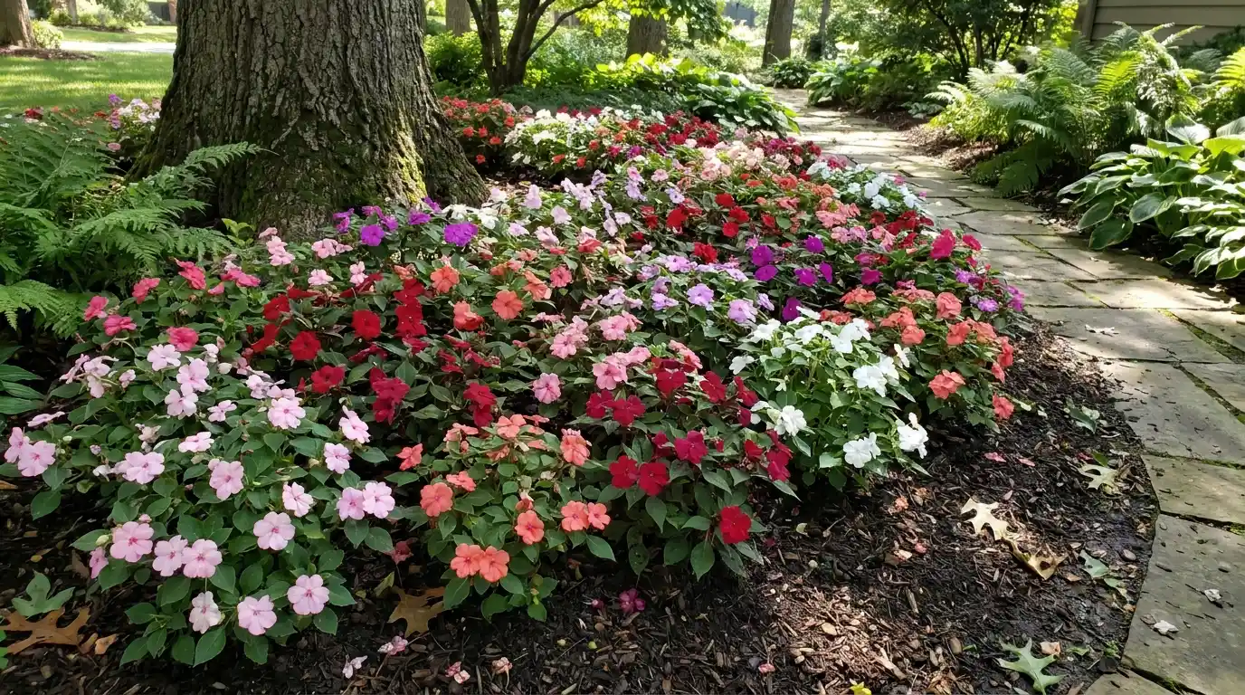 impatiens blooming in a shaded garden bed with soft flowers and moist summer soil