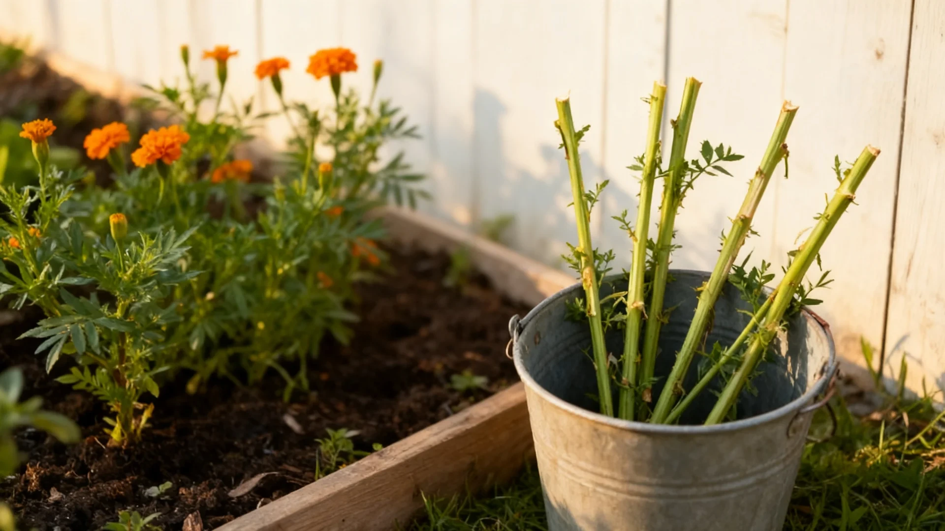 inca ii orange marigolds growing beside a garden bucket with freshly cut stems nearby