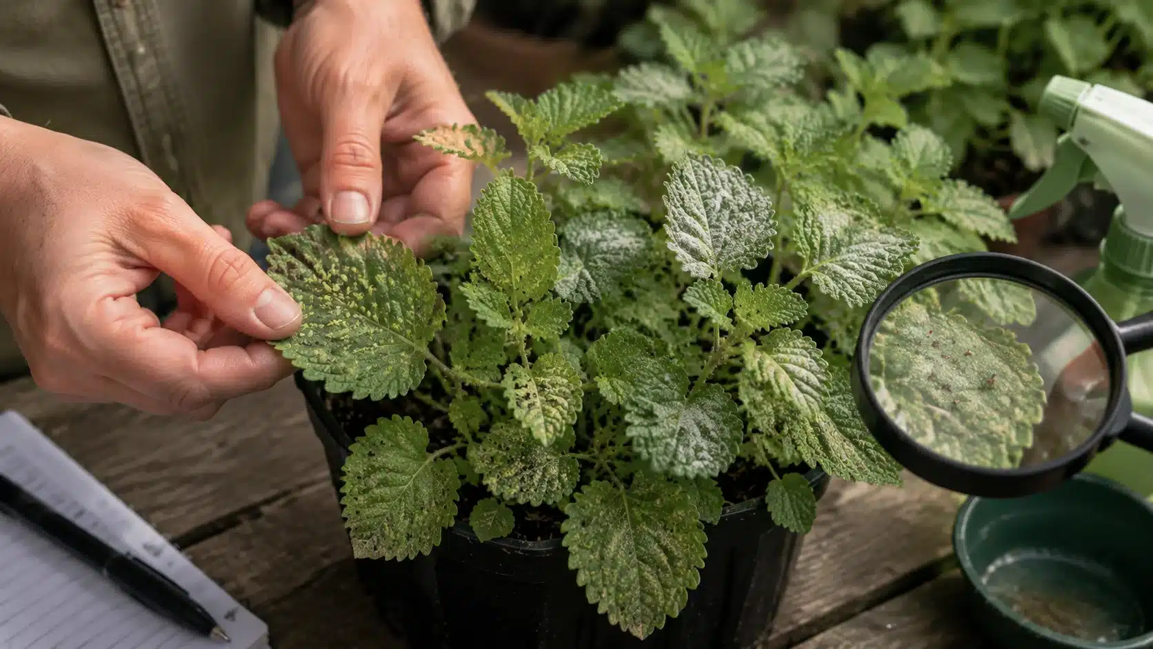 gardener closely examines catnip leaves outdoors, checking for signs of insects, mildew, or root issues