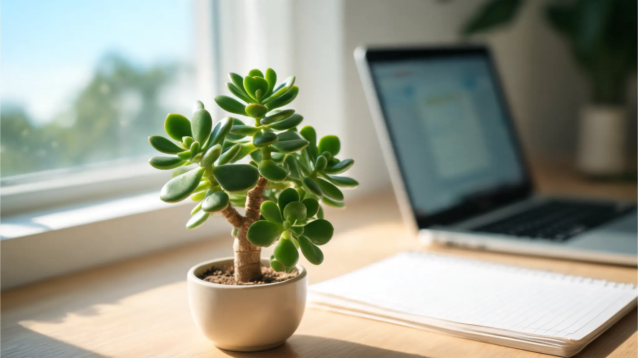 jade plant in a small ceramic pot on a sunny office windowsill