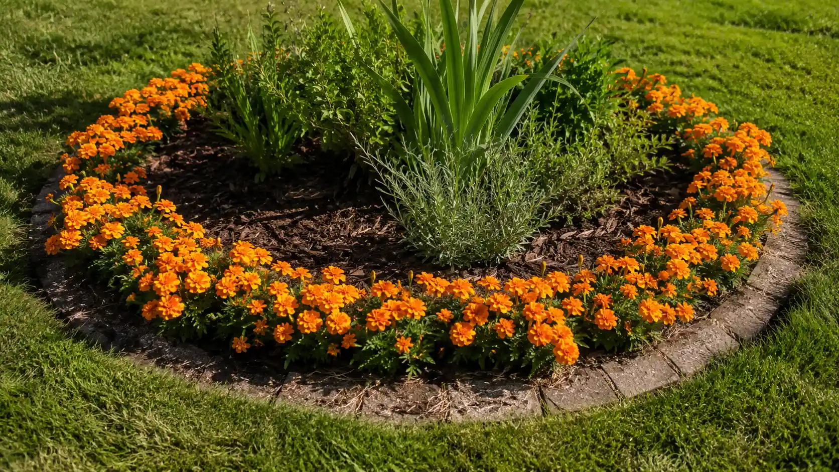 janie deep orange french marigolds forming a low edge around a small sunny garden bed