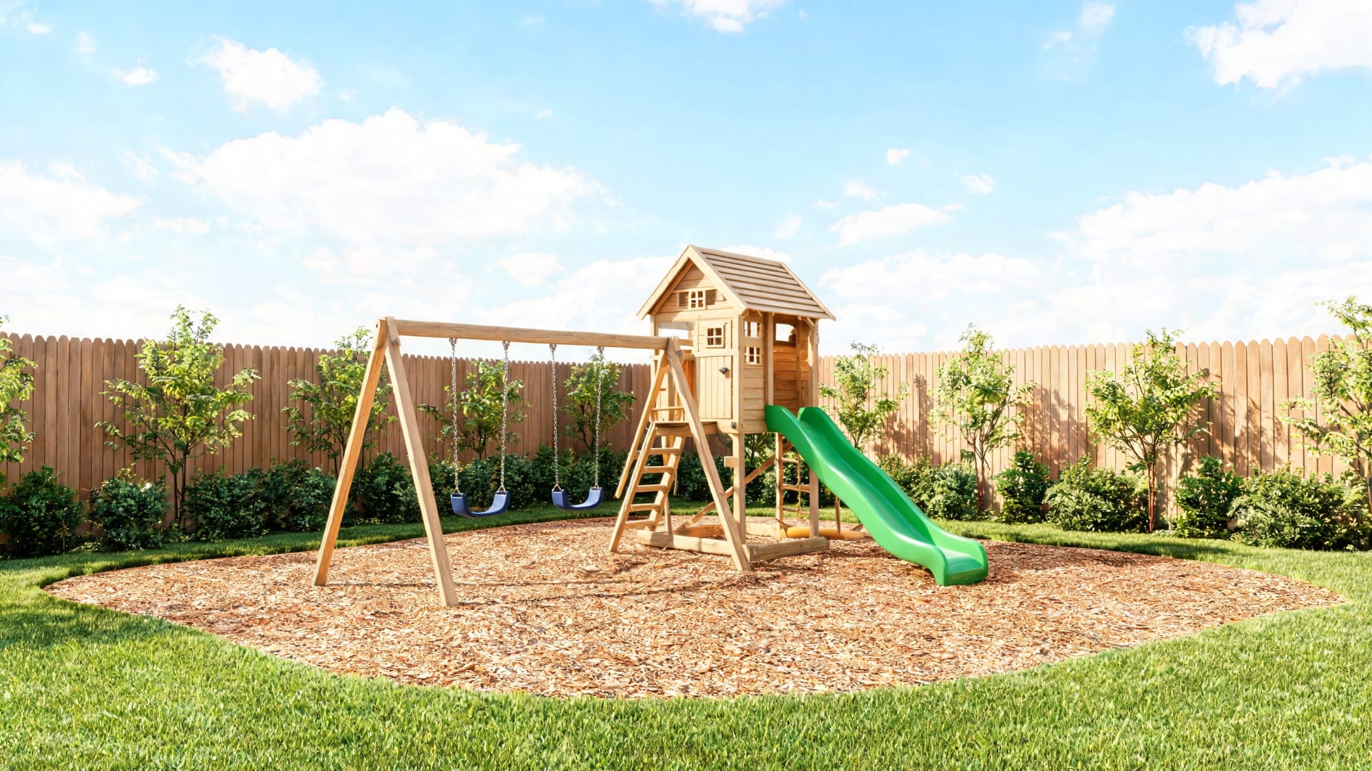 kids play area with wooden playhouse swings green slide mulch base and lawn
