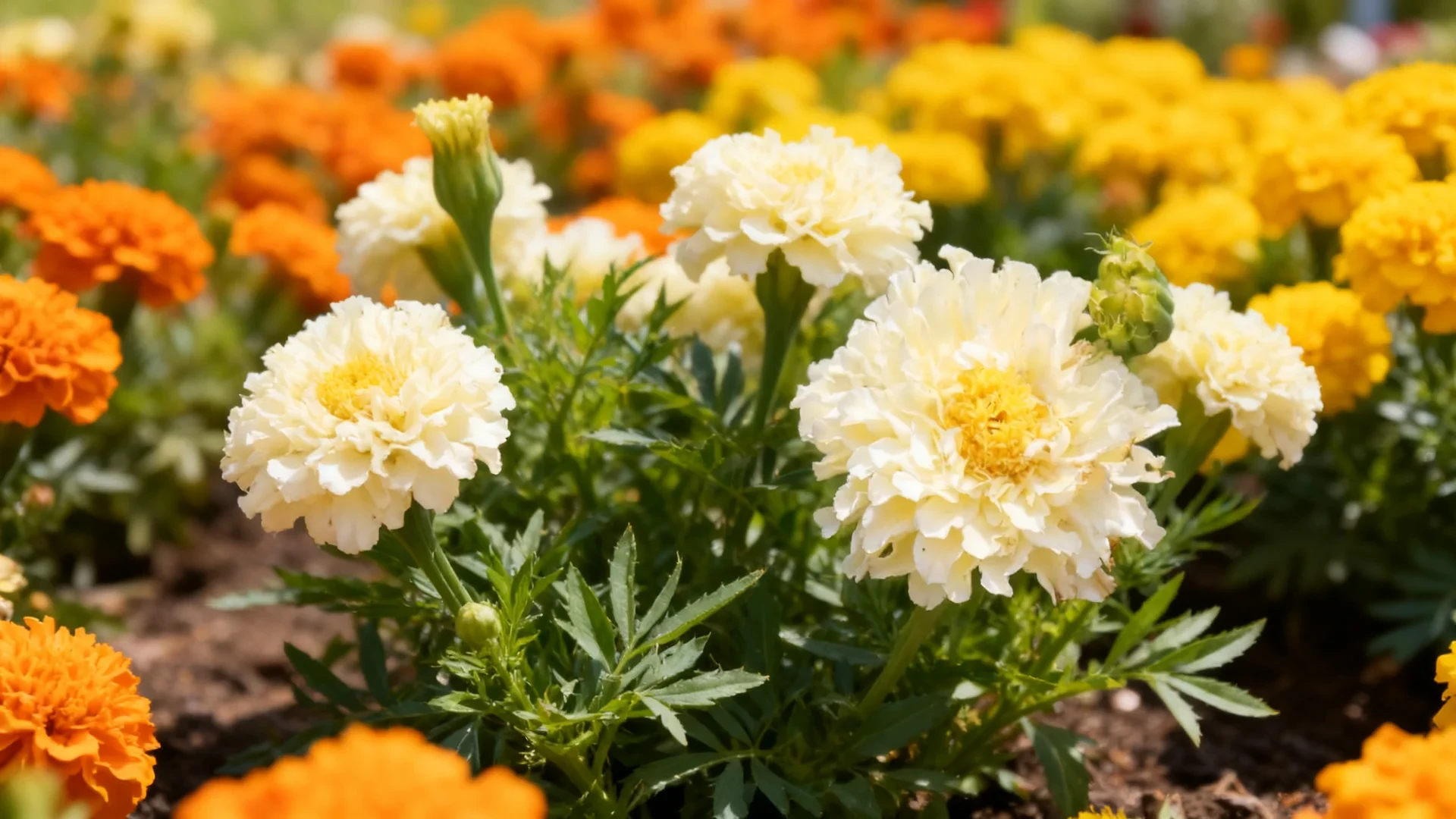 kilimanjaro white marigolds with creamy blooms growing among yellow and orange marigolds