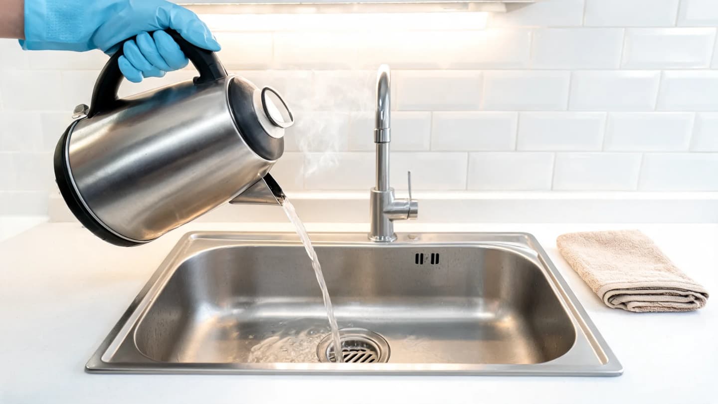 kitchen sink clogged as hot water pours into the drain after standing water is removed from basin