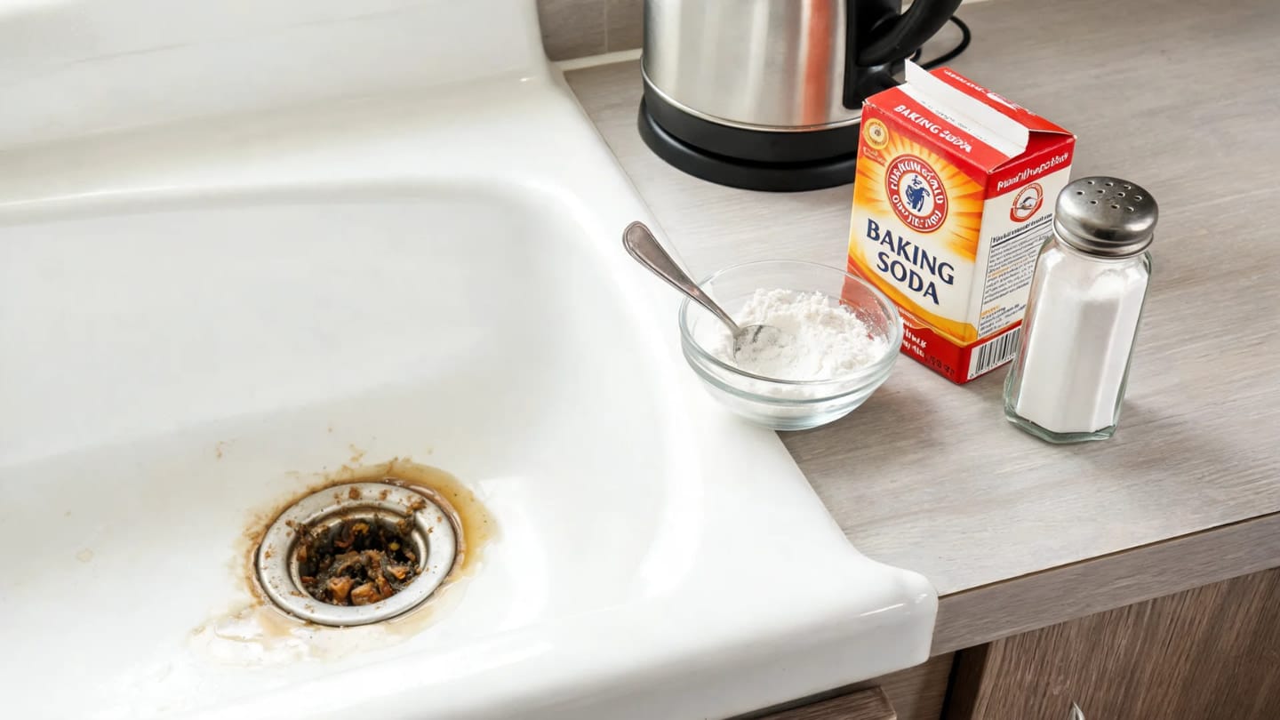 kitchen sink clogged with a baking soda and salt mixture ready for an overnight drain treatment