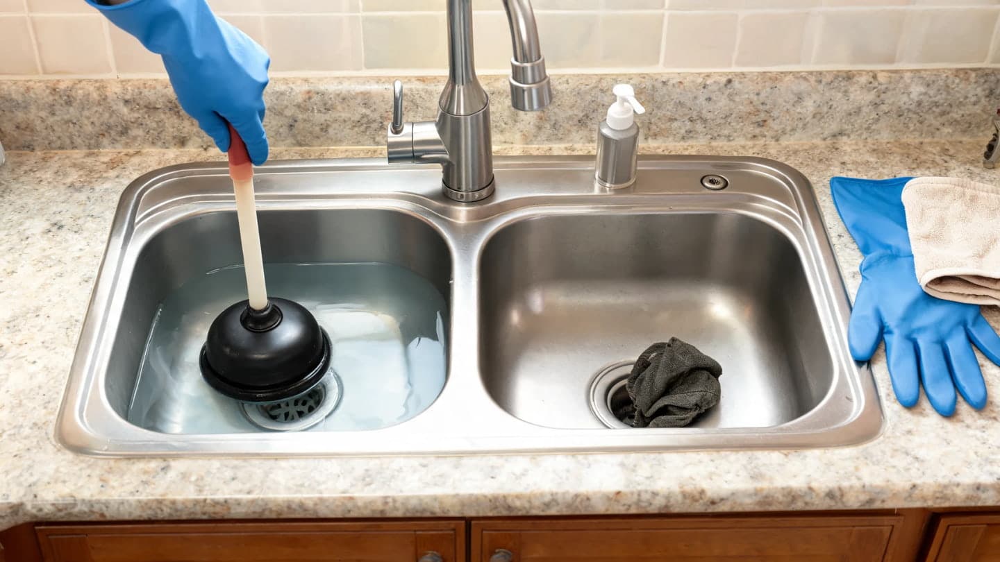 kitchen sink clogged with a plunger sealed over the drain while standing water fills the basin below