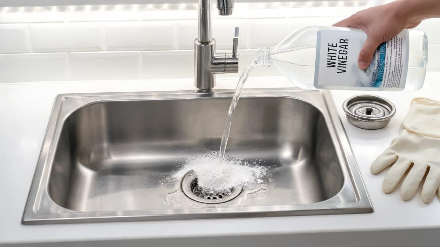 kitchen sink clogged with baking soda and vinegar fizzing inside the drain under a covered stopper