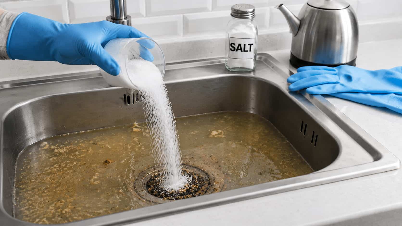 kitchen sink clogged with salt being poured into the drain before a hot water flush starts slowly