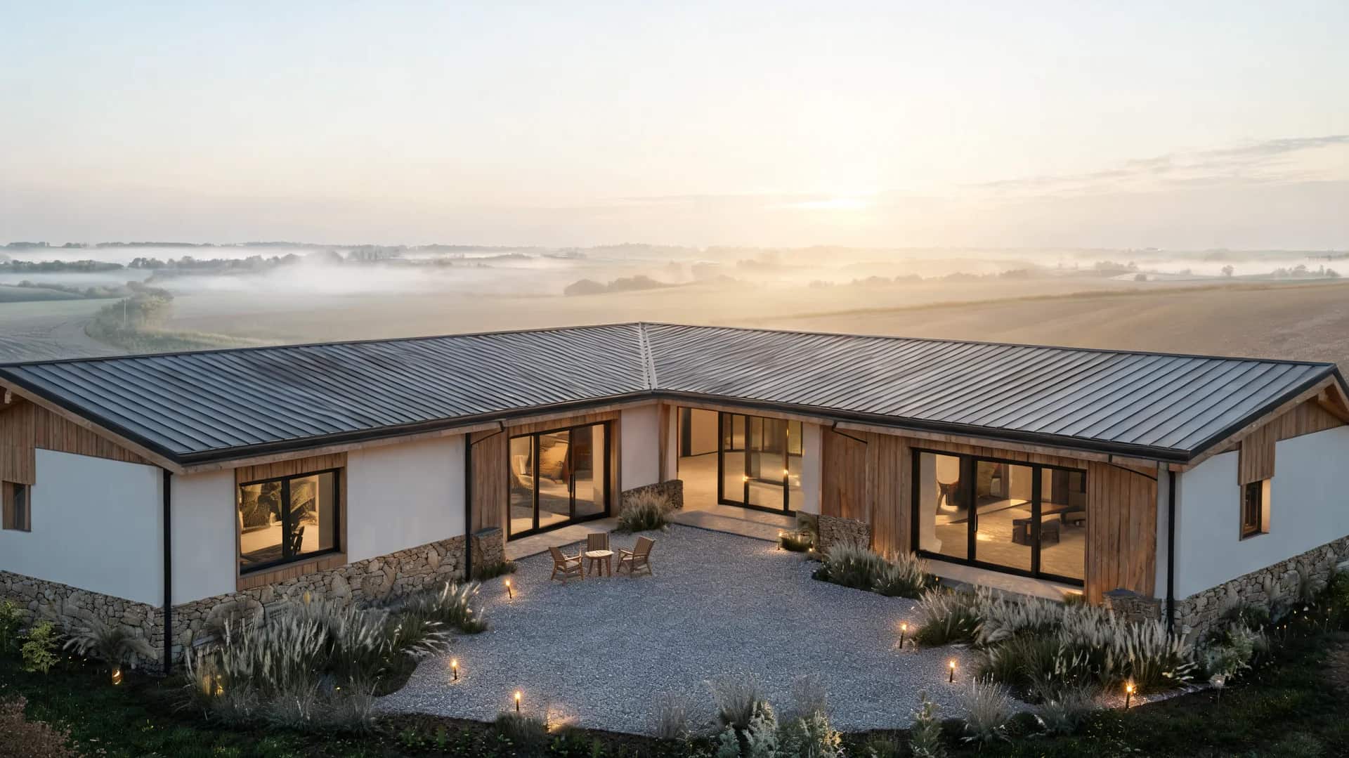 l shaped modern farmhouse exterior with courtyard stone base wood accents and field facing glass openings