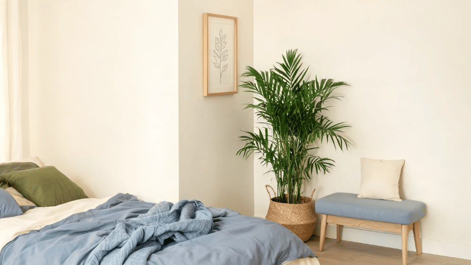 lady palm in a woven basket in a calm bedroom corner with layered bedding and framed wall art