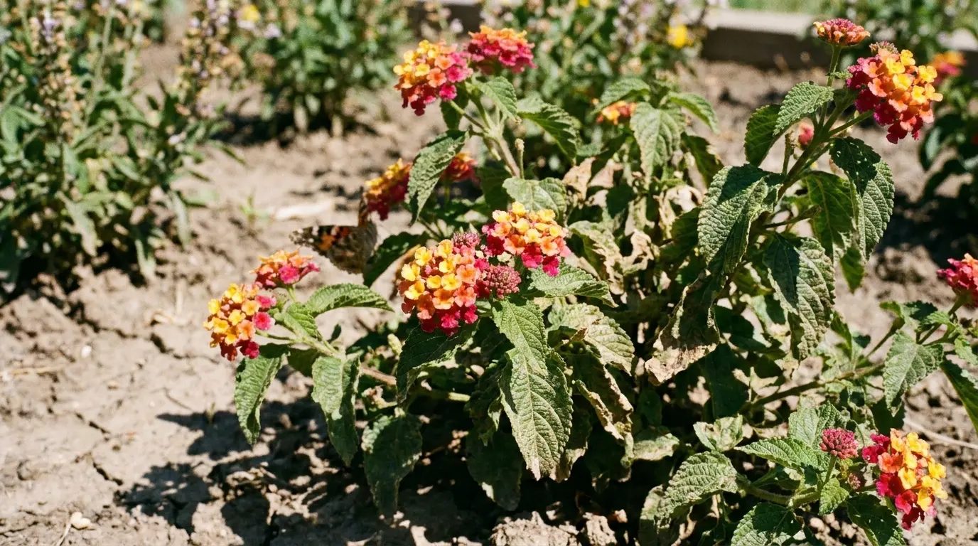 lantana flower clusters blooming in full sun with a butterfly near a warm summer garden bed