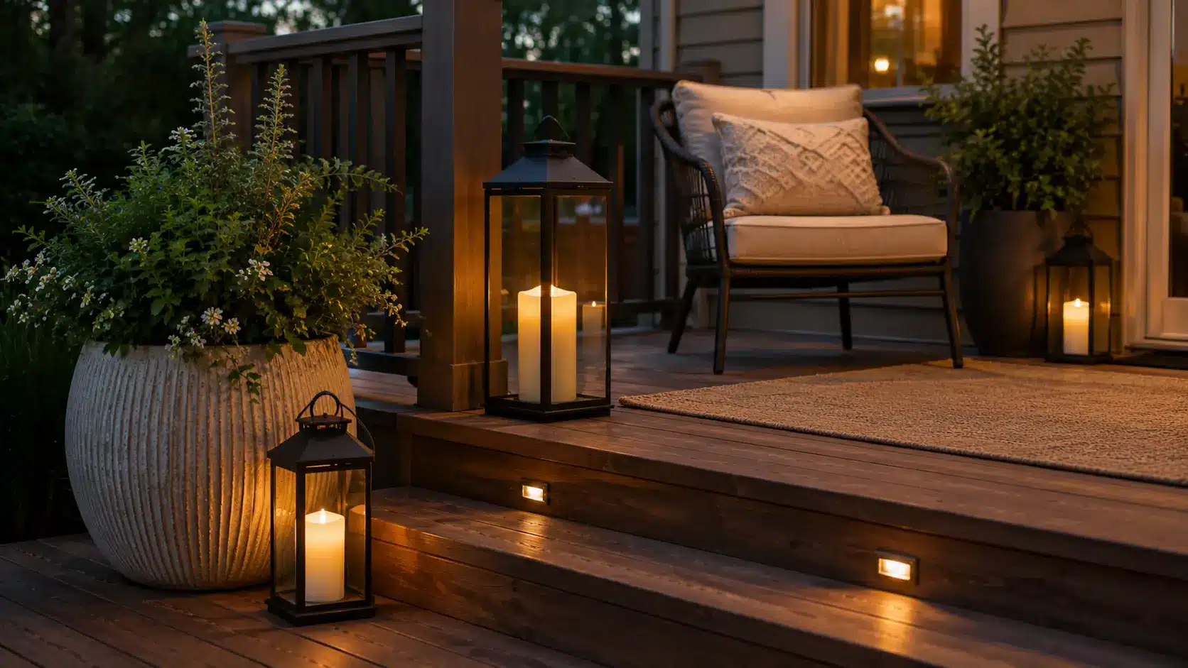lanterns on steps and corners of the deck