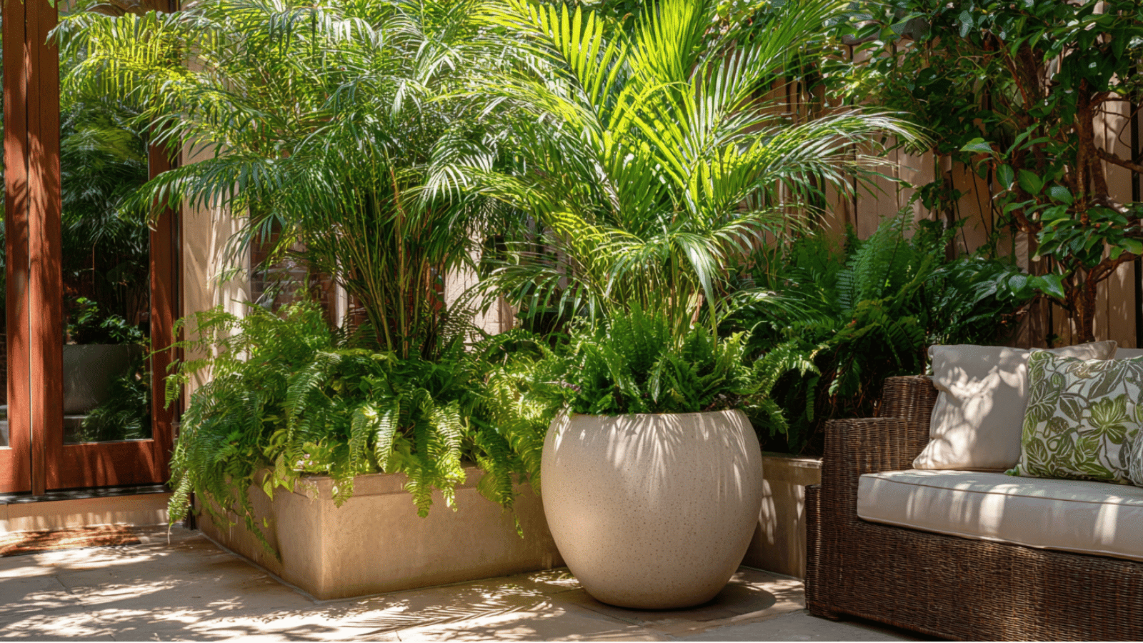 large decorative containers with evergreen shrubs purple flowers and lush plants arranged beside modern home entrance
