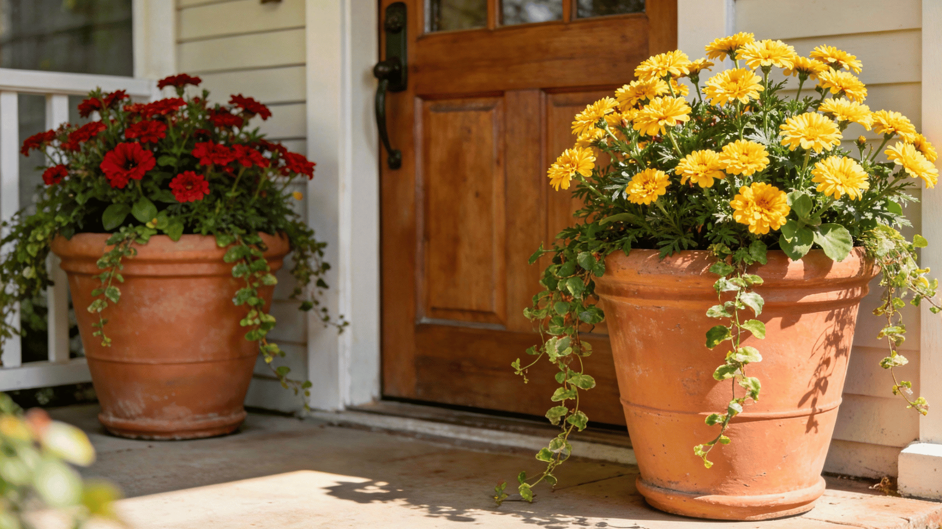 large terracotta pots with yellow and red flowers decorating sunny front porch near wooden door entrance